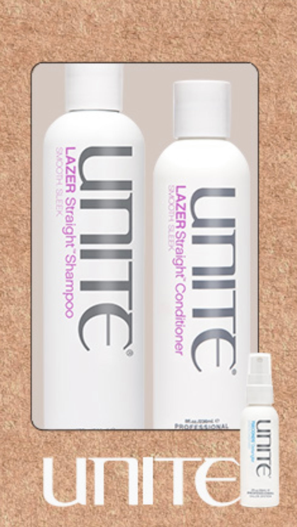UNITE Lazer Straight Shampoo 300ml Conditioner 236ml plus Free Detangler sample. size