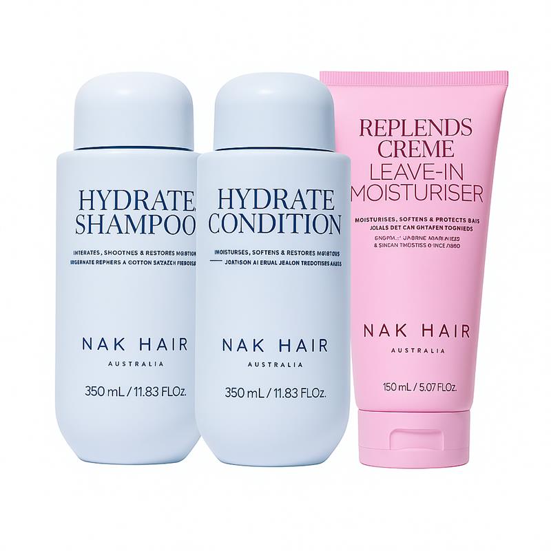 Nak Signature Hydrate Shampoo 350ml, Hydrate Conditioner 350ml and Replends Crème Leave in Moisturiser 150ml TRIO NEW