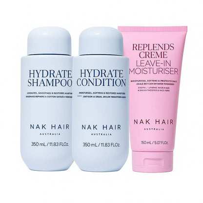 Nak Signature Hydrate Shampoo 350ml, Hydrate Conditioner 350ml and Replends Crème Leave in Moisturiser 150ml TRIO NEW