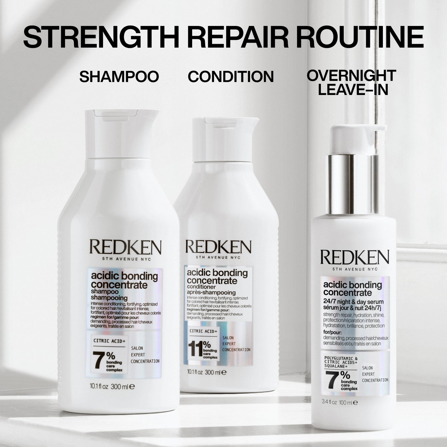 Redken Acidic Bonding Concentrate Shampoo 300ml, Conditioner 300ml & 24/7 Night and Day Serum 100ml Trio