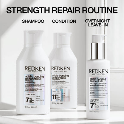 Redken Acidic Bonding Concentrate Shampoo 300ml, Conditioner 300ml & 24/7 Night and Day Serum 100ml Trio