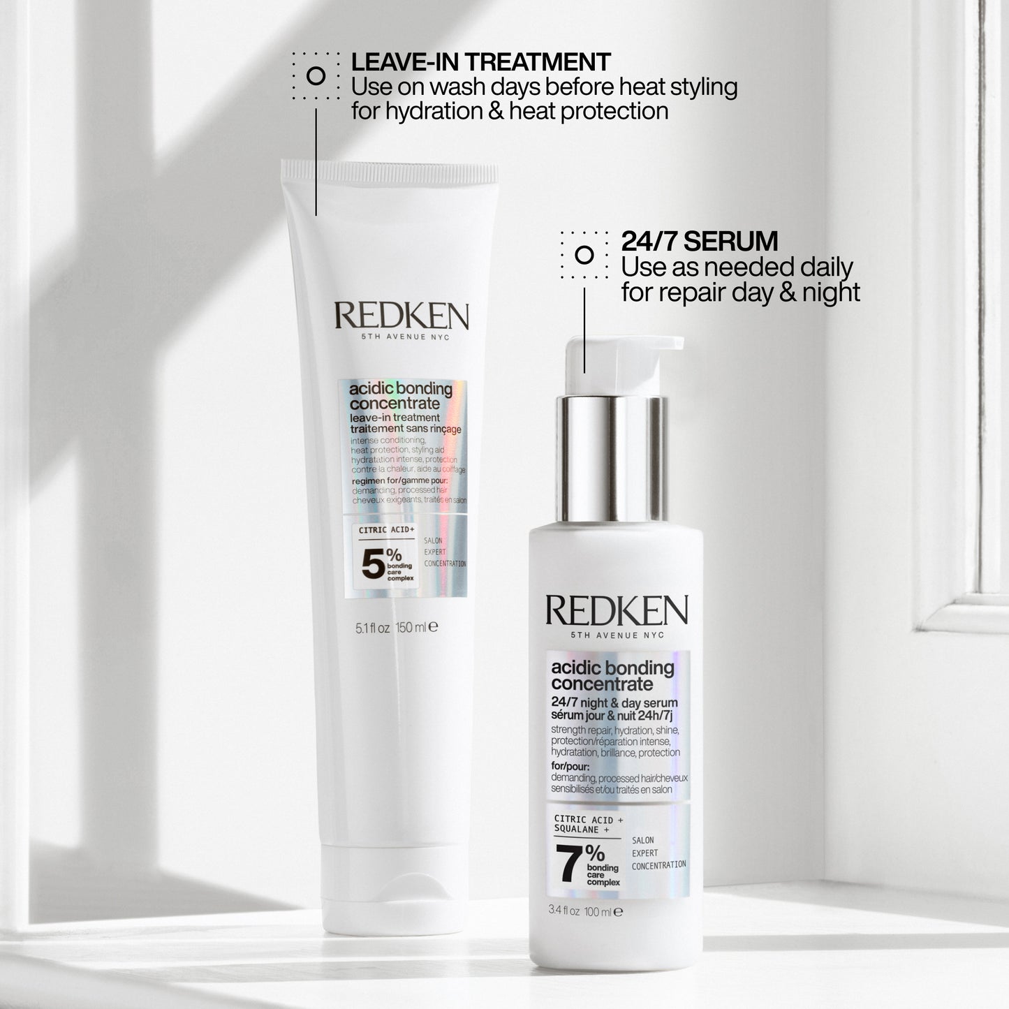 Redken Acidic Bonding Concentrate Shampoo 300ml, Conditioner 300ml, Leave-In Treatment 150ml & 24/7 Night and Day Serum 100ml Set