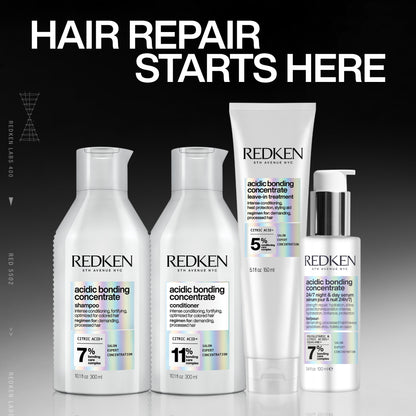 Redken Acidic Bonding Concentrate Shampoo 300ml, Conditioner 300ml, Leave-In Treatment 150ml & 24/7 Night and Day Serum 100ml Set
