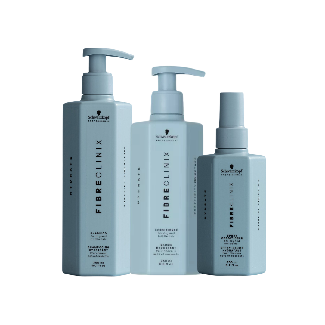 Schwarzkopf Professional Fibre Clinix Hydrate Shampoo 300ml, Conditioner 250ml & Hydrate Spray 200ml Trio