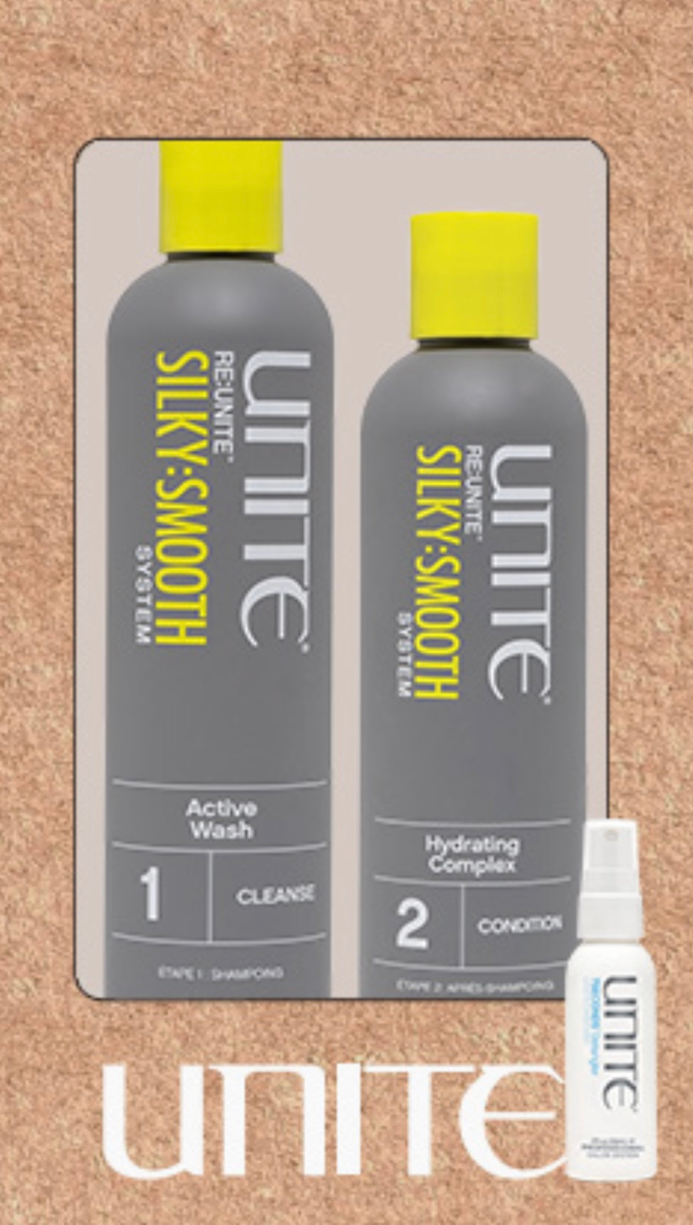 UNITE Silky Smooth Shampoo 300ml and Conditioner 266ml plus Free Detangler sample size