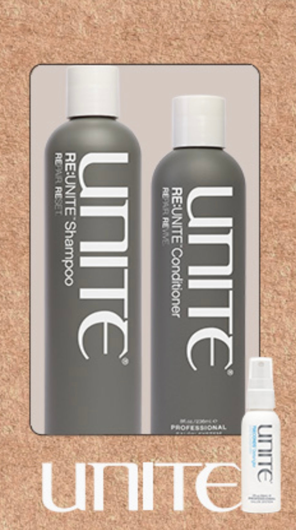 UNITE Re:Unite Shampoo 300ml and Conditioner 236ml plus free Detangler sample size