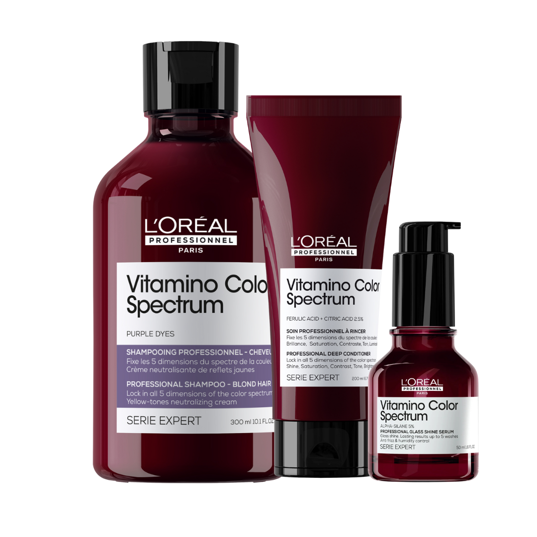 L'Oréal Professionnel Vitamino Color Spectrum Purple Shampoo 300ml, Vitamino Color Spectrum Conditioner 200ml & Vitamino Color Spectrum Glass Shine 50ml Trio