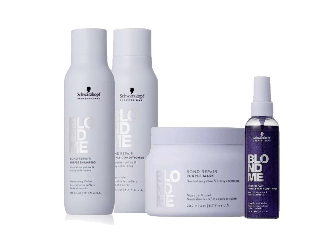 Schwarzkopf Professional BlondMe Bond Repair Purple Shampoo, Conditioner, Mask & Spray Conditioner Quad - Salon Warehouse 