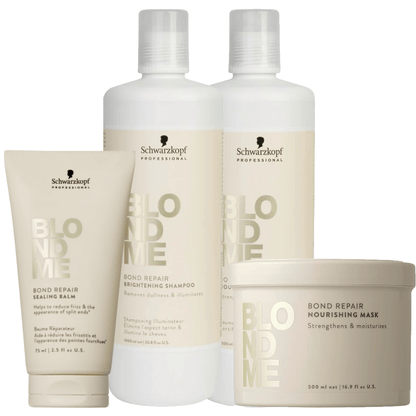 Schwarzkopf Professional Blondme Bond Repair Brightening 1000ml Shampoo, Nourishing Conditioner, 500ml Nourishing Mask &  Sealing Balm Quad - Salon Warehouse 