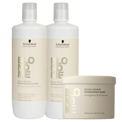 Schwarzkopf Professional Blondme Bond Repair Brightening 1000ml Shampoo, Nourishing Conditioner & 500ml mask Trio - Salon Warehouse 