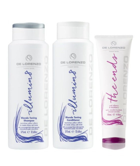 De Lorenzo Instant Illumin8 Blonde Toning Shampoo, Conditioner 375ml & Rejuven8 The Ends 120ml Trio - Salon Warehouse