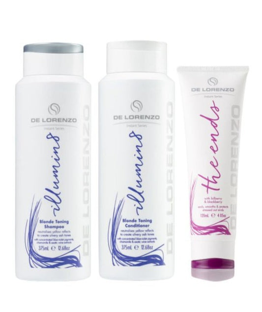 De Lorenzo Instant Illumin8 Blonde Toning Shampoo, Conditioner 375ml & Rejuven8 The Ends 120ml Trio - Salon Warehouse