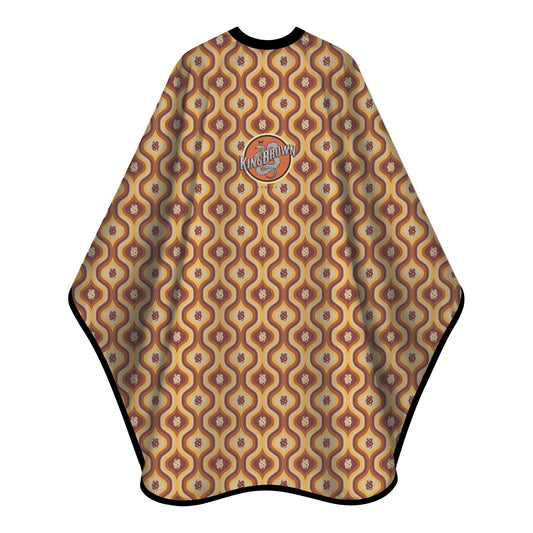 KING BROWN Trippin Cape - retro 70s wave print barber cutting cape in brown, gold and tan