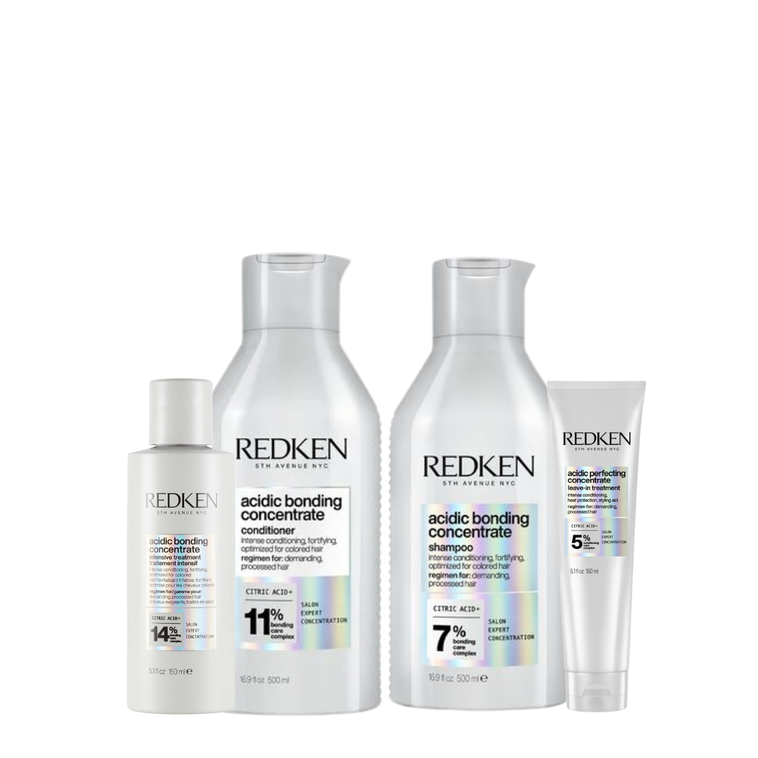 Redken Acidic Bonding Concentrate Shampoo 500ml, Conditioner 500ml, Intensive Treatment 150ml & Leave-In Treatment 150ml Set
