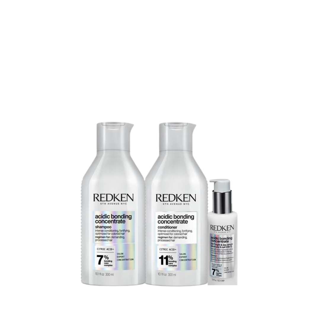 Redken Acidic Bonding Concentrate Shampoo 300ml, Conditioner 300ml & 24/7 Night and Day Serum 100ml Trio
