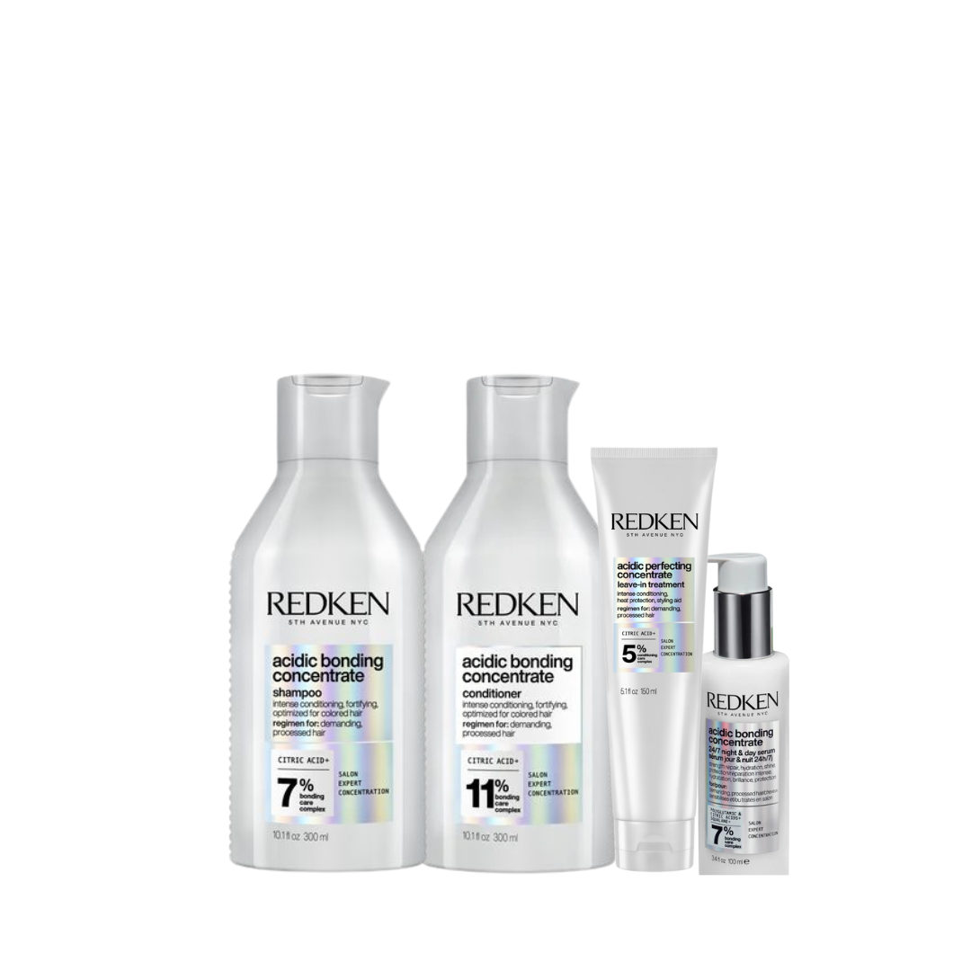 Redken Acidic Bonding Concentrate Shampoo 300ml, Conditioner 300ml, Leave-In Treatment 150ml & 24/7 Night and Day Serum 100ml Set