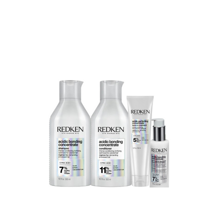 Redken Acidic Bonding Concentrate Shampoo 300ml, Conditioner 300ml, Leave-In Treatment 150ml & 24/7 Night and Day Serum 100ml Set